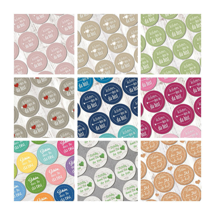 Aufkleber Set 9 x 24 Sticker SCHÖN DASS DU DA BIST bunt Herz DIY Verpackung Etiketten selbstklebend rund Gastgeschenk Give-Away Hochzeit Geburtstag Willkommen - Foto 1