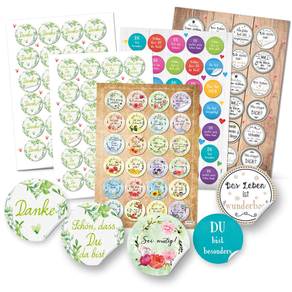 Buntes Sticker Set Mix - DANKE + VIEL GLÜCK + Sprüche Aufkleber - Verzierung Geschenke Verpackung