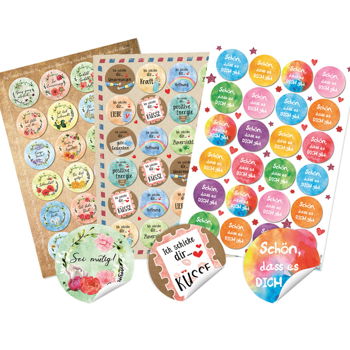 Buntes Aufkleber SET - 131 Sticker DANKE + Schön, dass du da bist + Sprüche - Geschenkaufkleber