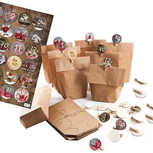 24 Adventskalender Papiertüten z. Befüllen Set Papierbeutel + 1-24 Aufkleber + Klammern rot weiß kariert