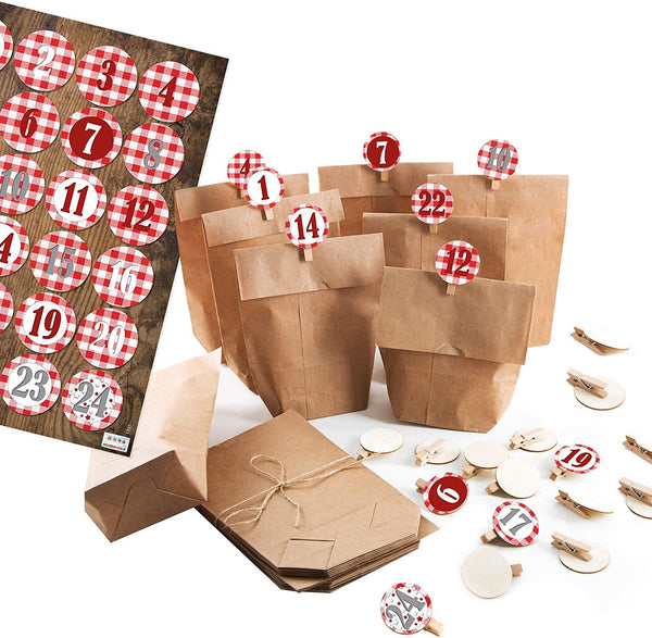 1-24 Nummern zum Adventskalender basteln: Aufkleber + Holzklammer rund 4 cm - rot braun Weihnachtsmotive