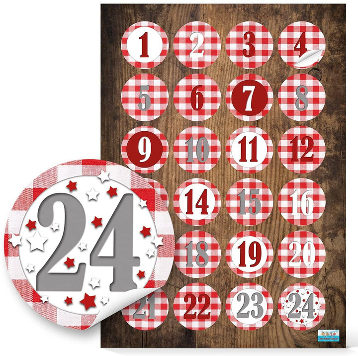 1-24 Nummern zum Adventskalender basteln: Aufkleber + Holzklammer rund 4 cm - rot braun Weihnachtsmotive