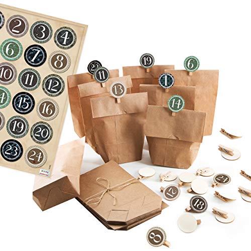 24 Adventskalenderzahlen f. DIY Adventskalender: Aufkleber + Holzklammern rund 4 cm bunt für Kinder