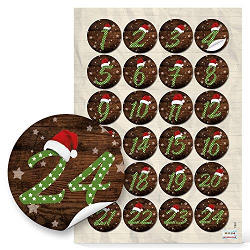 24 kleine Adventskalender Papiertüten z. Befüllen Set: Papierbeutel + 1 bis 24 Aufkleber + Klammern - Vintage braun
