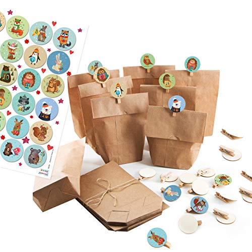 24 kleine DIY Adventskalender Papiertüten zum Befüllen + Klammern + Rentier Sticker 1-24
