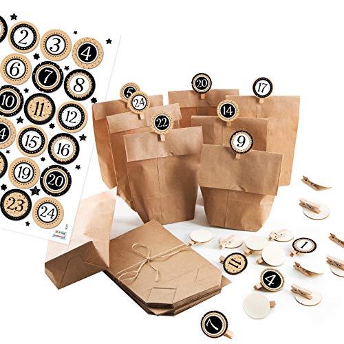 24 Adventskalender z. Befüllen Set: Papiertüten + 1-24 Aufkleber + KLAMMERN rot grün braun basteln DIY