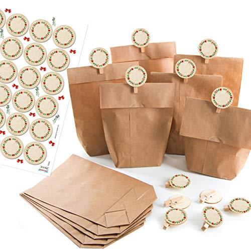 Logbuch-Verlag 24 Mitgebseltüten braun + Holzklammern + SCHÖN DASS DU DA BIST Aufkleber blau türkis - Gastgeschenk Give-Away Taufe Kommunion