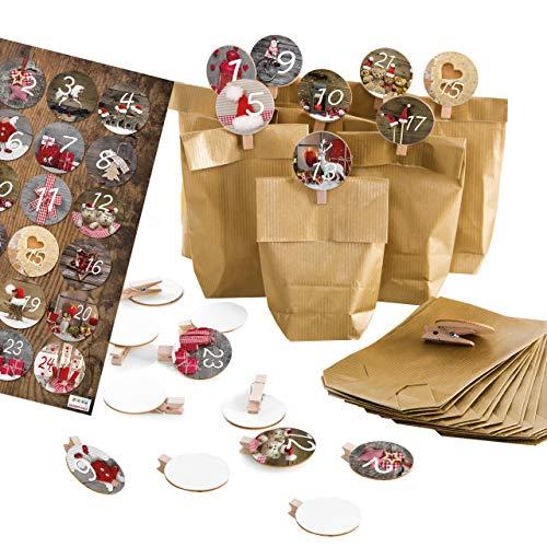 24 Adventskalender Tüten zum Befüllen + Adventskalenderzahlen 1-24 Aufkleber rot weiß - DIY Weihnachtskalender