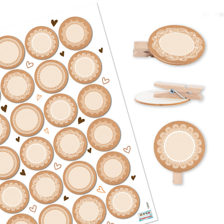 Logbuch-Verlag SCHÖN DASS DU DA BIST 48 runde Holzklammer + 48 Bunte Text Aufkleber – Geschenke verpacken Gastgeschenk Mitgebsel give-Away Kinder Geburtstag Feste