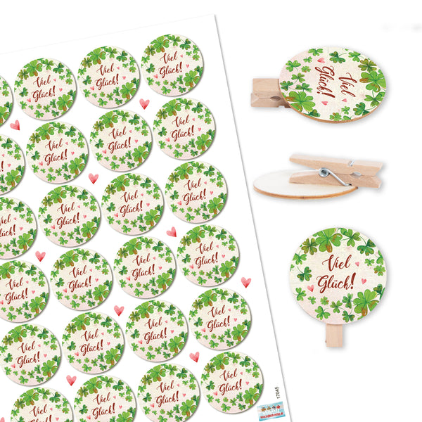 24 Schön dass es dich gibt Aufkleber bunt + 24 runde Holzklammern mit Holzscheibe Geschenkverpackung Clips