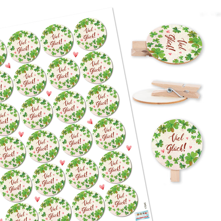 24 Schön dass es dich gibt Aufkleber bunt + 24 runde Holzklammern mit Holzscheibe Geschenkverpackung Clips