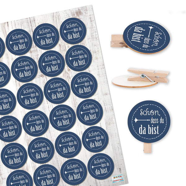 24 Klammern aus Holz + 24 runde Sticker Schön, dass du da bist - beige creme - Deko Give-Away Hochzeit