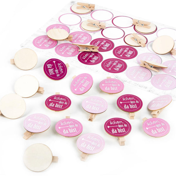 24 Klammern aus Holz natur + Aufkeber Schön dass du da bist - rosa - Give-Away Gastgeschenk Deko Hochzeit