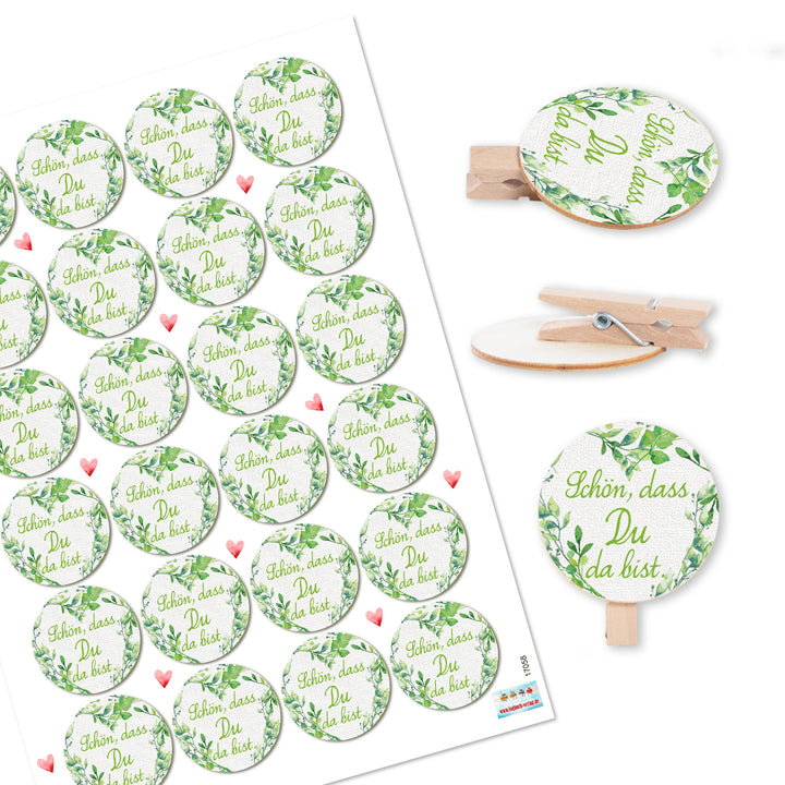 24 Holzklammern runde Scheibe + 24 Danke Aufkleber beige bunt mit Herzen Dankeschön Geschenk basteln
