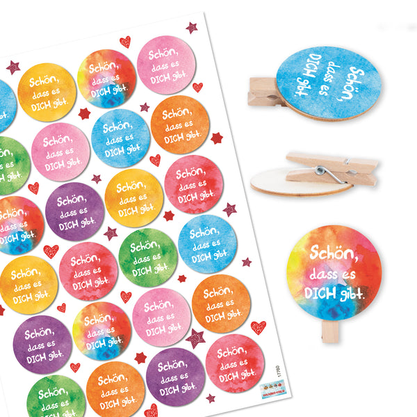Set 24 Weihnachtsaufkleber Schneeflocke beige + 24 Holzwäscheklammern mit Scheibe Verpackung Basteln Deko