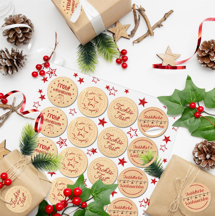 SET 3 x 24 runde Aufkleber Weihnachten rot grün natur weiß grau beige schwarz blanko Frohes Fest Etiketten weihnachtliche Verpackung