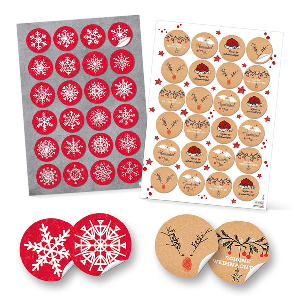 SET 6 x 24 rot weiß natur Weihnachtsaufkleber Aufkleber FROHE WEIHNACHTEN FROHES FEST + SCHNEEFLOCKE Verpackung Geschenkaufkleber vintage rund 4 cm Deko weihnachtlich Geschenkverpackung
