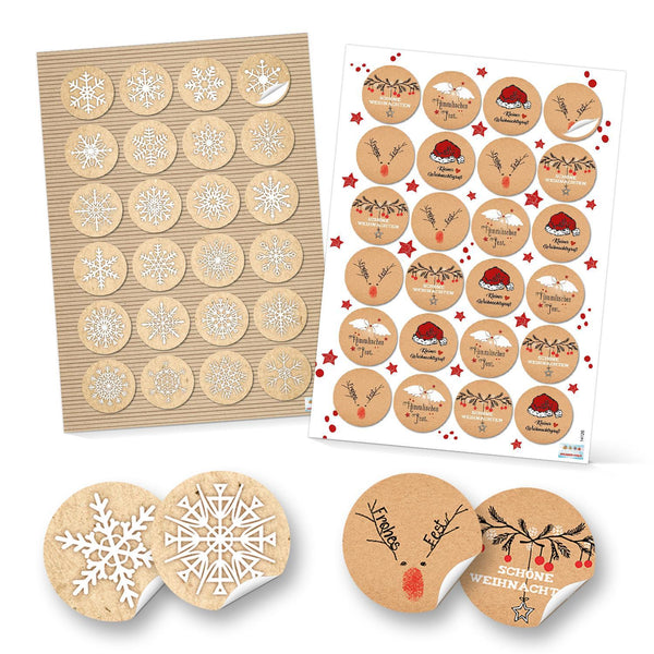 SET 6 x 24 Weihnachtsaufkleber Geschenkaufkleber FROHE WEIHNACHTEN + SCHNEEFLOCKE weihnachtlich Sticker rund 4 cm grau weiß rot natur schwarz Verpackung Weihnachtsgeschenke Geschenkverpackung