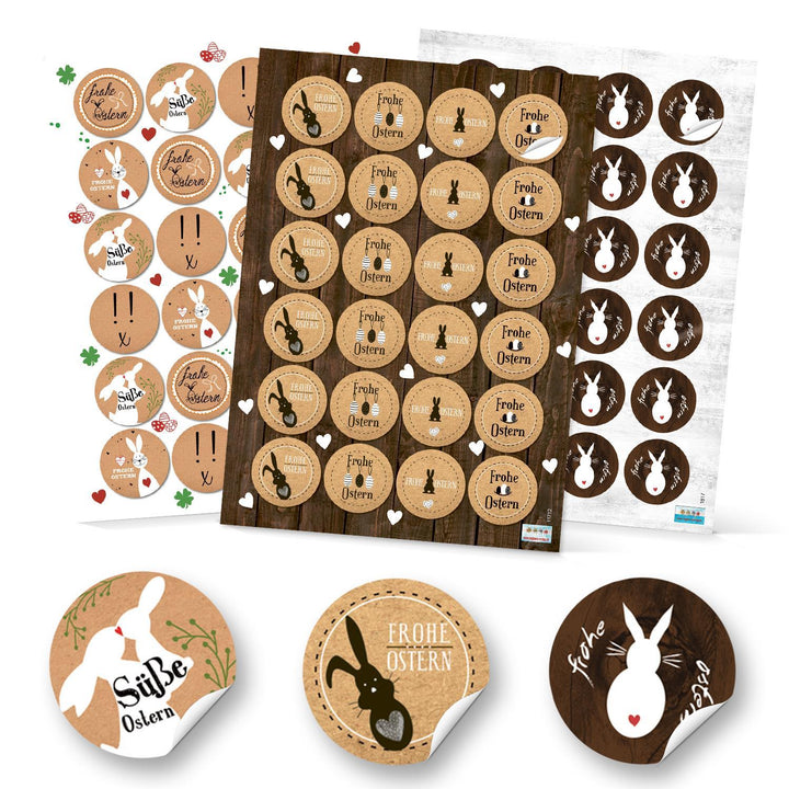 Set 72 Stück Osteraufkleber Frohe Ostern Osterhase Hase Aufkleber Ostersticker Osteretiketten mit Text vintage Nostalgie Look rund in braun weiß schwarz natürlich beige Kraftpapier look - Foto 1