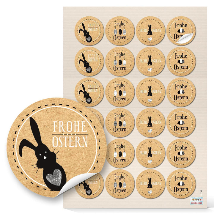 Set 72 Stück Osteraufkleber Frohe Ostern Osterhase Hase Aufkleber Ostersticker Osteretiketten mit Text vintage Nostalgie Look rund in braun weiß schwarz natürlich beige Kraftpapier look - Foto 2