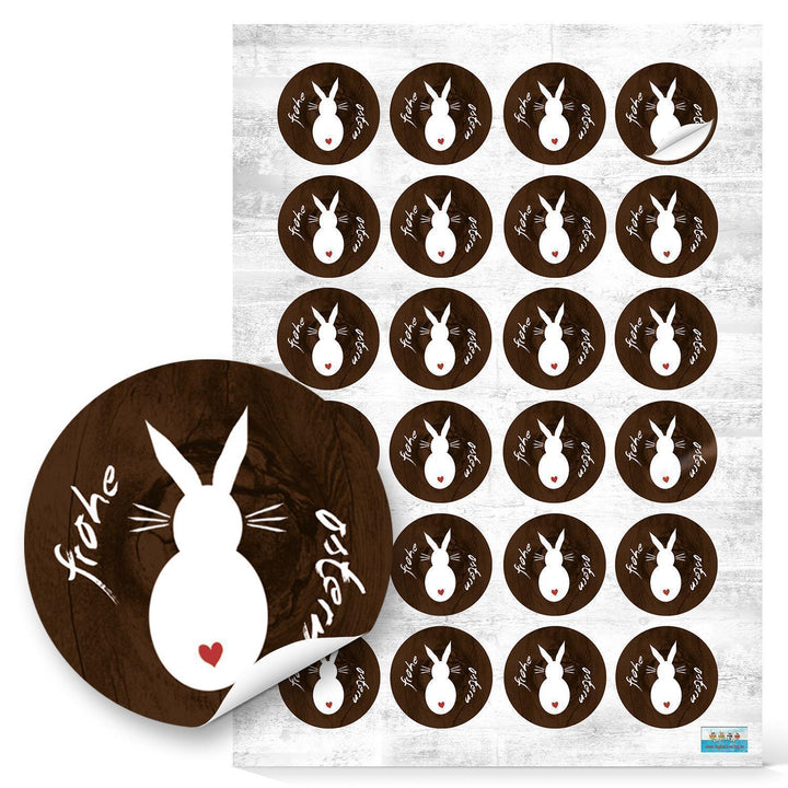 Set 72 Stück Osteraufkleber Frohe Ostern Osterhase Hase Aufkleber Ostersticker Osteretiketten mit Text vintage Nostalgie Look rund in braun weiß schwarz natürlich beige Kraftpapier look - Foto 3