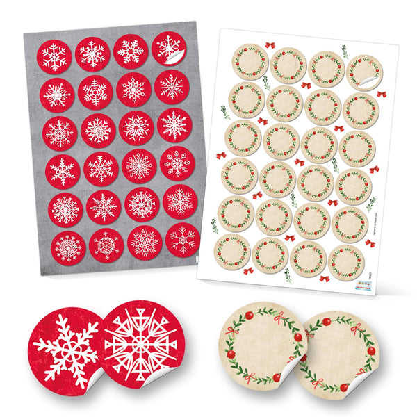 SET 2 x 24 Weihnachtsaufkleber rot weiß schwarz FROHE WEIHNACHTEN + SCHNEEFLOCKE Aufkleber Geschenkaufkleber Verpackung 4 cm Weihnachtsgeschenke retro vintage Sticker Geschenkverpackung Deko