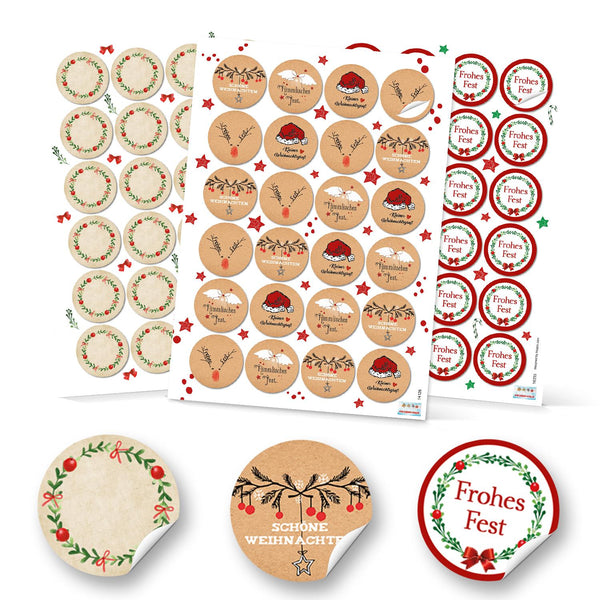 SET 3 x 24 runde weihnachtliche Aufkleber Verpackung Geschenke rot grün grau schwarz beige natur weiß Weihnachten Etiketten
