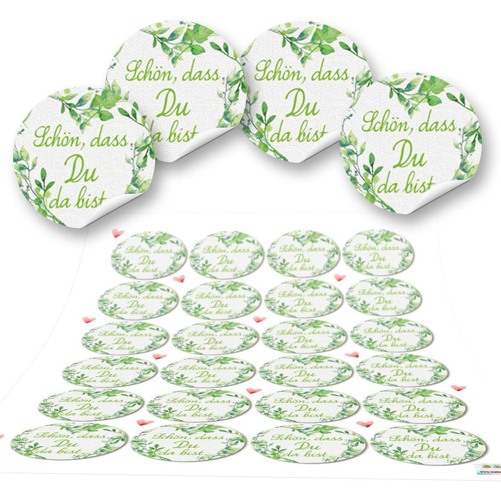 72 Aufkleber rund grün hellgrün weiß SCHÖN DASS DU DA BIST 4 cm Geschenkaufkleber Etiketten Sticker - Hochzeit Taufe Geburtstag Gastgeschenk give-away Deko - Foto 1