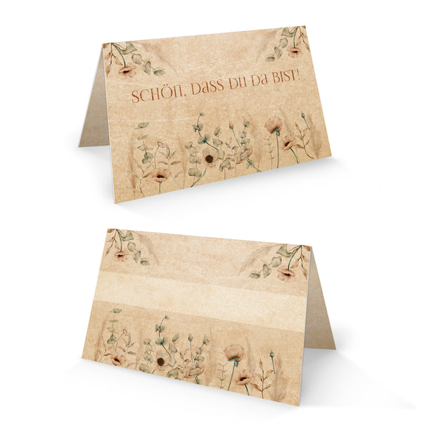 50 Tischkarten Schön, dass du da bist 8,5 x 5.5 cm zum Beschriften - beige braun boho floral Tischdeko Hochzeit Fest