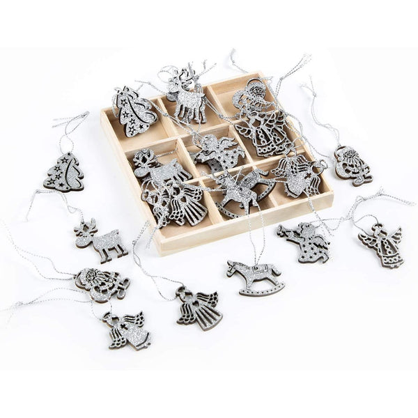 SET 27 Mini Holzanhänger silber flach als Weihnachtsanhänger und Geschenkanhänger - Foto 1