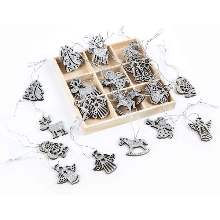 SET 27 Mini Holzanhänger silber flach als Weihnachtsanhänger und Geschenkanhänger - Foto 1