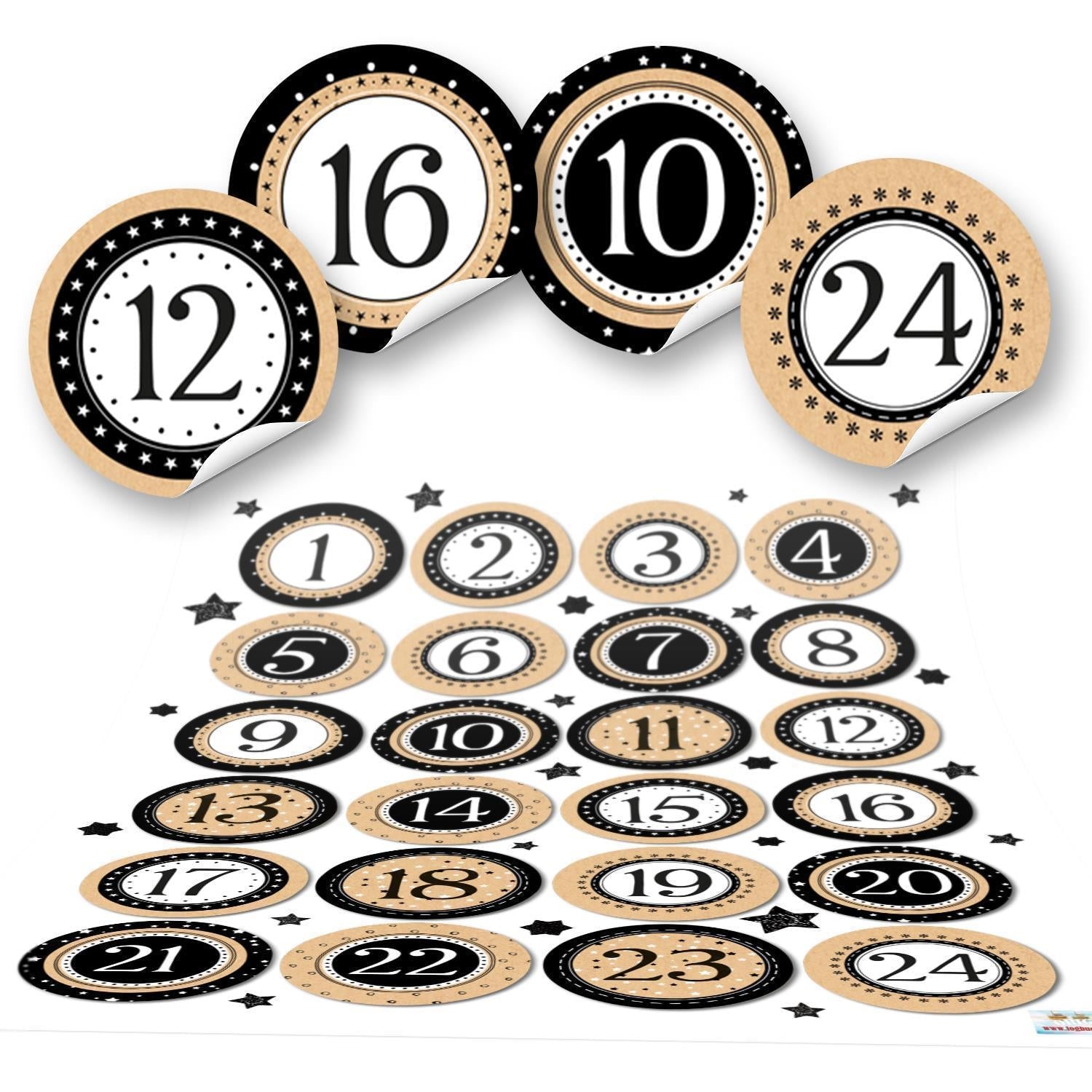 Adventskalender Zahlen Aufkleber 1-24 Ø 4 cm schwarz weiß gold