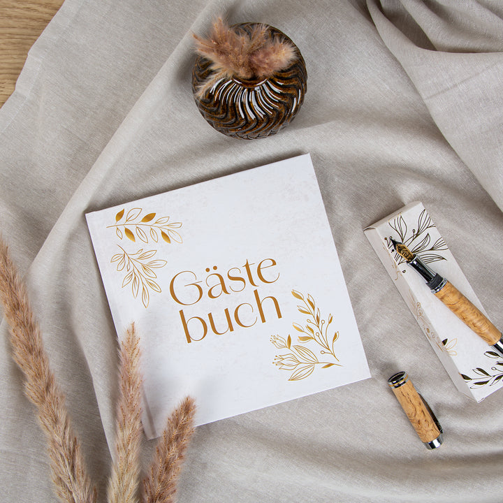 Boho Gästebuch mit weißen Seiten gold beige 18 x 18 cm Hochzeitsgästebuch - Foto 3