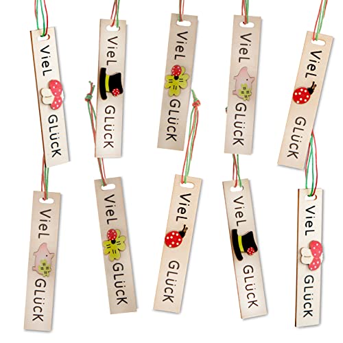 10 Viel Glück Holz Anhänger - Holzschild Text mit Glückssymbolen - Foto 1