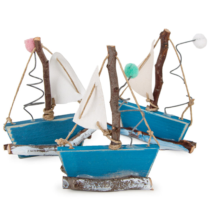 3 kleine Boote Segelboot Schiffe aus Holz blau weiß Maritime Dekoration Badezimmer Deko 12 x 1 cm - Foto 1