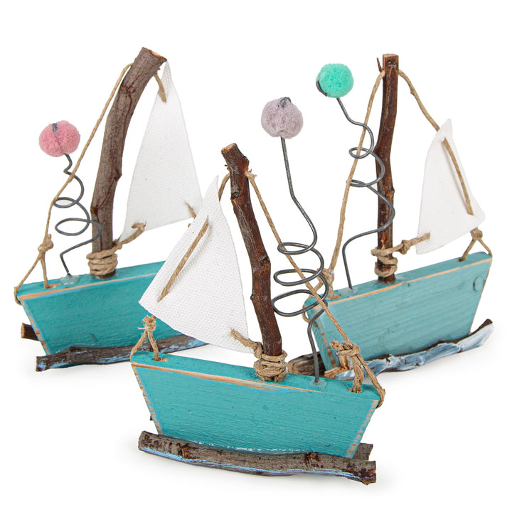 3 kleine Segelschiffe Segelboot Figuren aus Holz türkis hellblau Dekoration maritim mediterran 12 x 10 cm - Foto 1