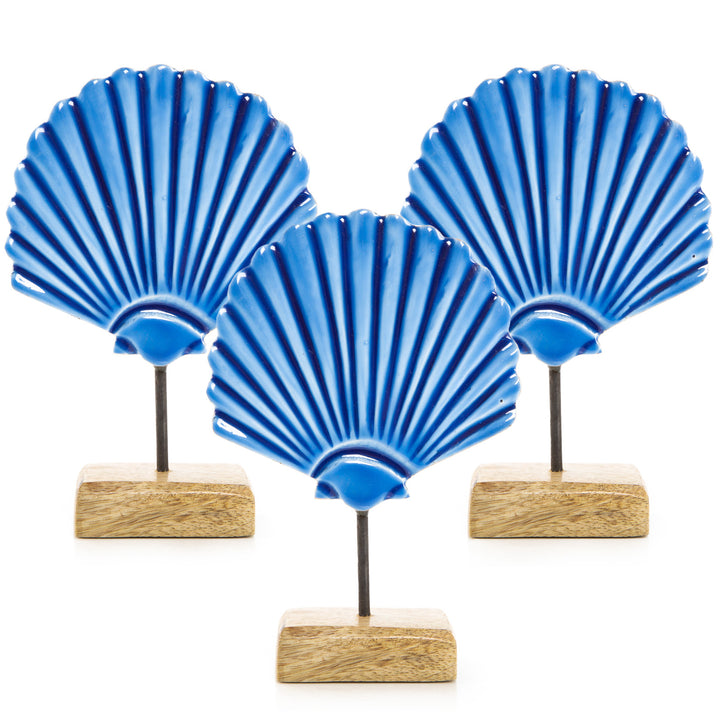 3 Muschel Deko Figuren blau braun aus Holz Sommer Strand Maritime Dekoration Dekofigur mediterran 19 cm - Foto 1