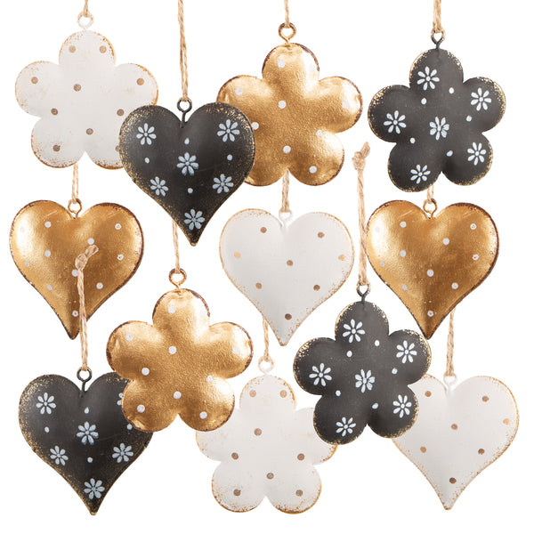Ostern Anhänger Set 12 Herz Blume schwarz Gold weiß 6 cm - Foto 1