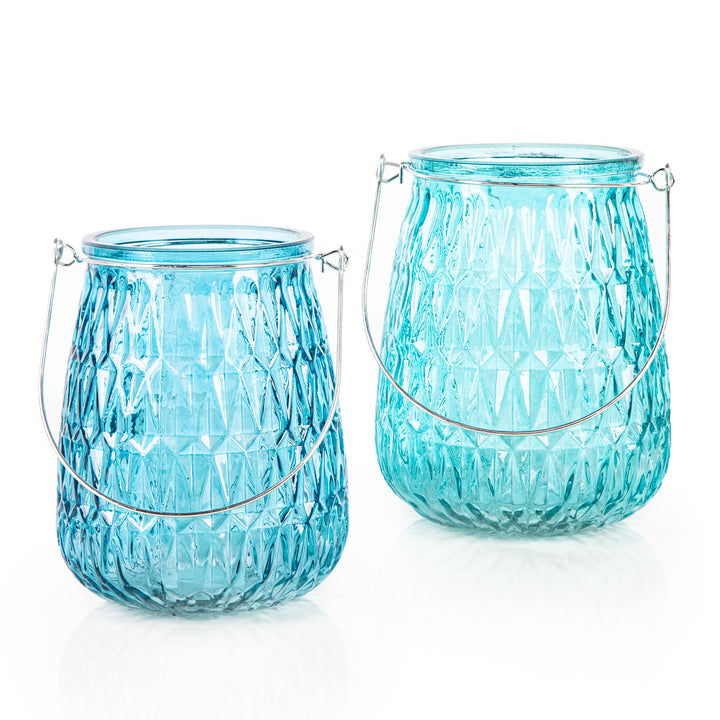 2 große Windlichter blau türkis aus Glas Kerzenhalter 15 cm - Foto 1