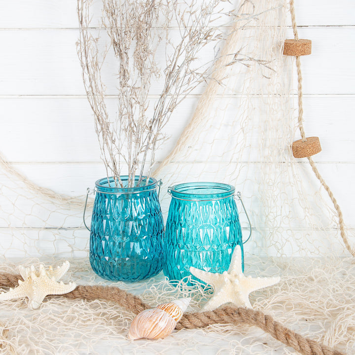 2 große Windlichter blau türkis aus Glas Kerzenhalter 15 cm - Foto 2