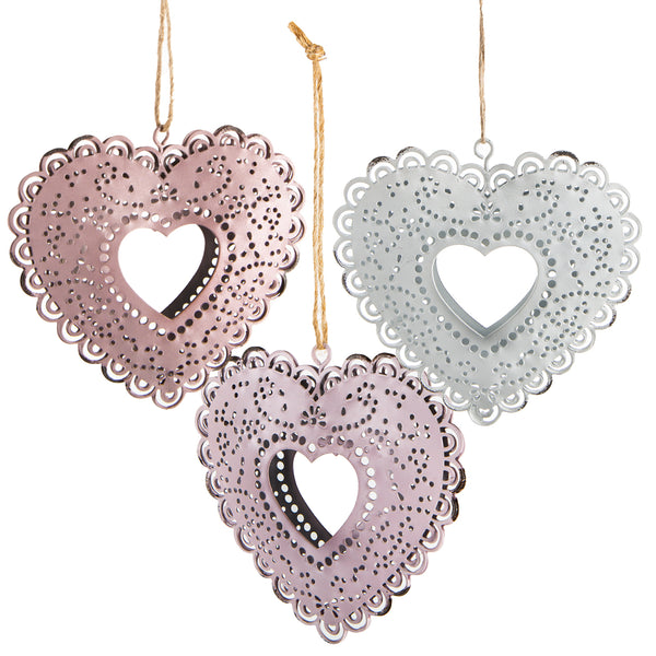3 Herzen aus Metall rosa lila weiß 9,5 cm Metallherzen - Foto 1