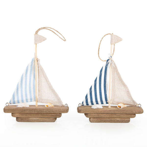 2 Segelboot Figuren aus Holz & Leinen braun blau 17x13cm - Foto 1