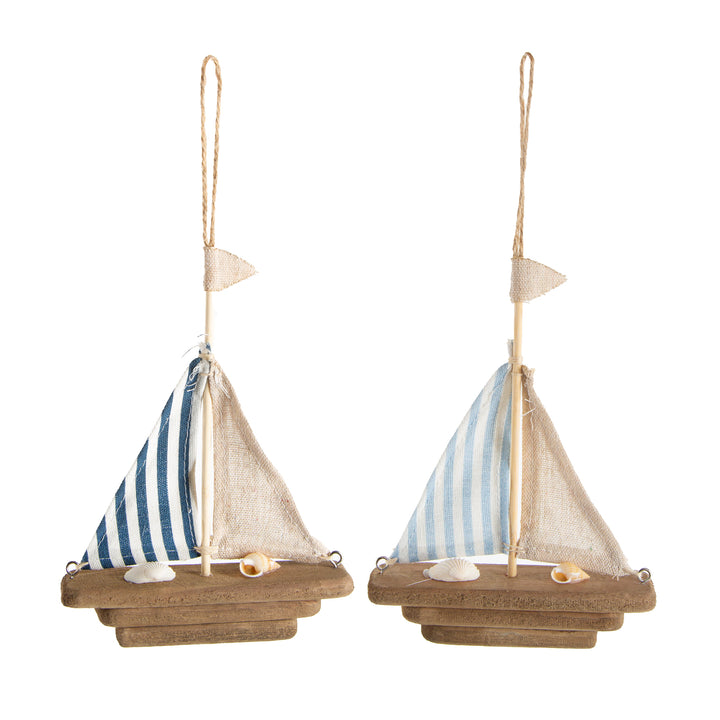 2 Segelboot Figuren aus Holz & Leinen braun blau 17x13cm - Foto 2