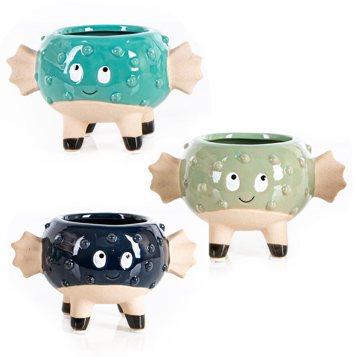 3 Blumentöpfe Kugelfisch klein türkis blau grün 13,5 cm - Foto 1