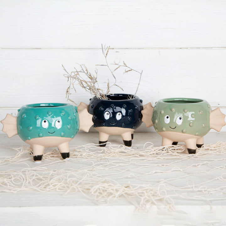 3 Blumentöpfe Kugelfisch klein türkis blau grün 13,5 cm - Foto 2