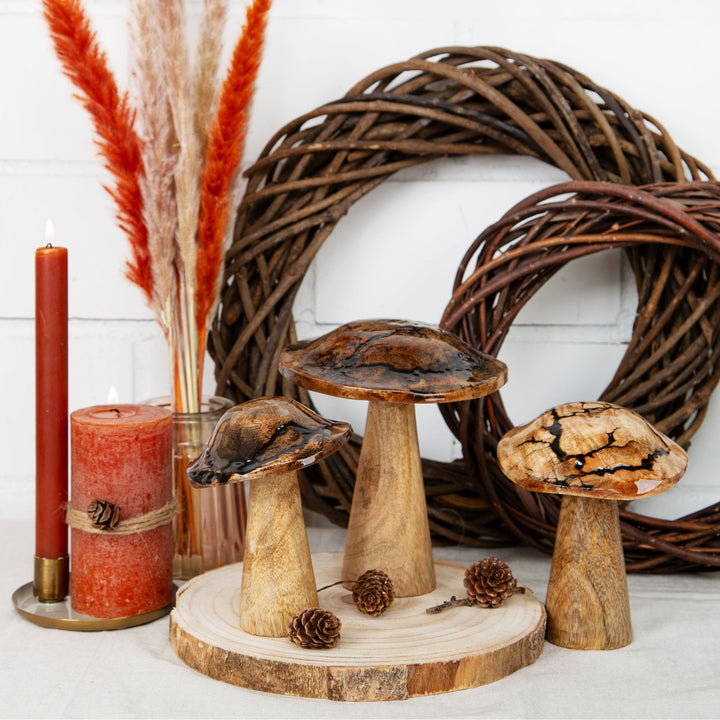 3 Pilz Figuren braun aus Holz emailliert Herbstdeko 15 u. 18 cm - Foto 2