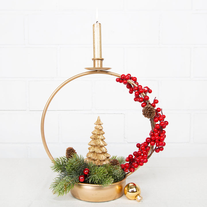 Kerzenhalter für Stabkerzen mit Kranz & Dekoschale Gold 42 cm - Foto 2