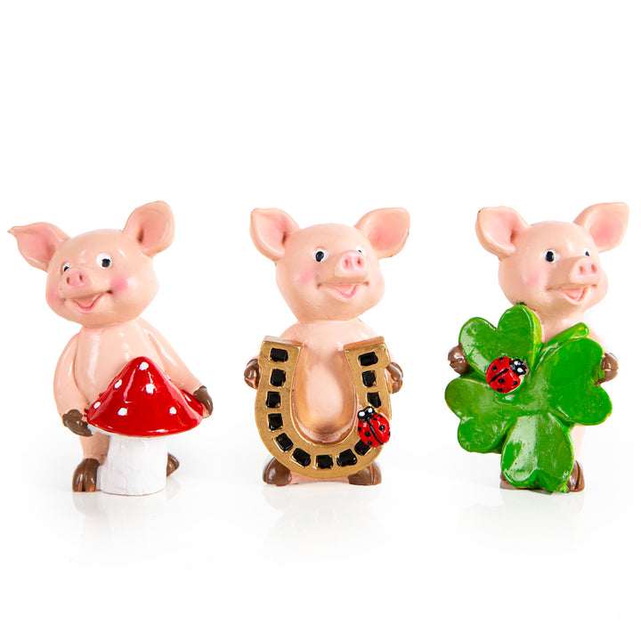 3 Glücksschweine mit Hufeisen Glückspilz & Kleeblatt 8 cm - Foto 1