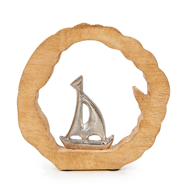 Segelboot Dekofigur mit Holz-Rahmen Segelschiff Figur Meer Deko Ø 15 cm - Foto 1