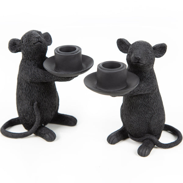 2 Mäuse Kerzenständer Schwarze Maus Kerzenhalter für Stabkerzen Tischdeko 15,5 cm - Foto 1